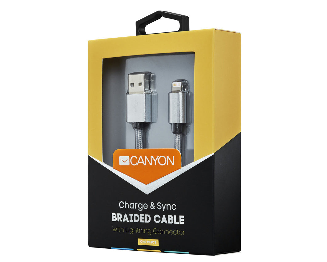 Canyon MFI-3 Lightning إلى USB مضفر 12 واط 1 متر رمادي داكن