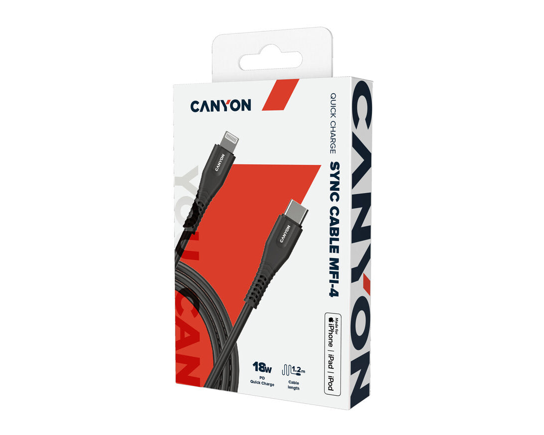 Canyon MFI-4 كابل لايتنينج إلى USB-C بقوة 18 واط بطول 1.2 متر أسود