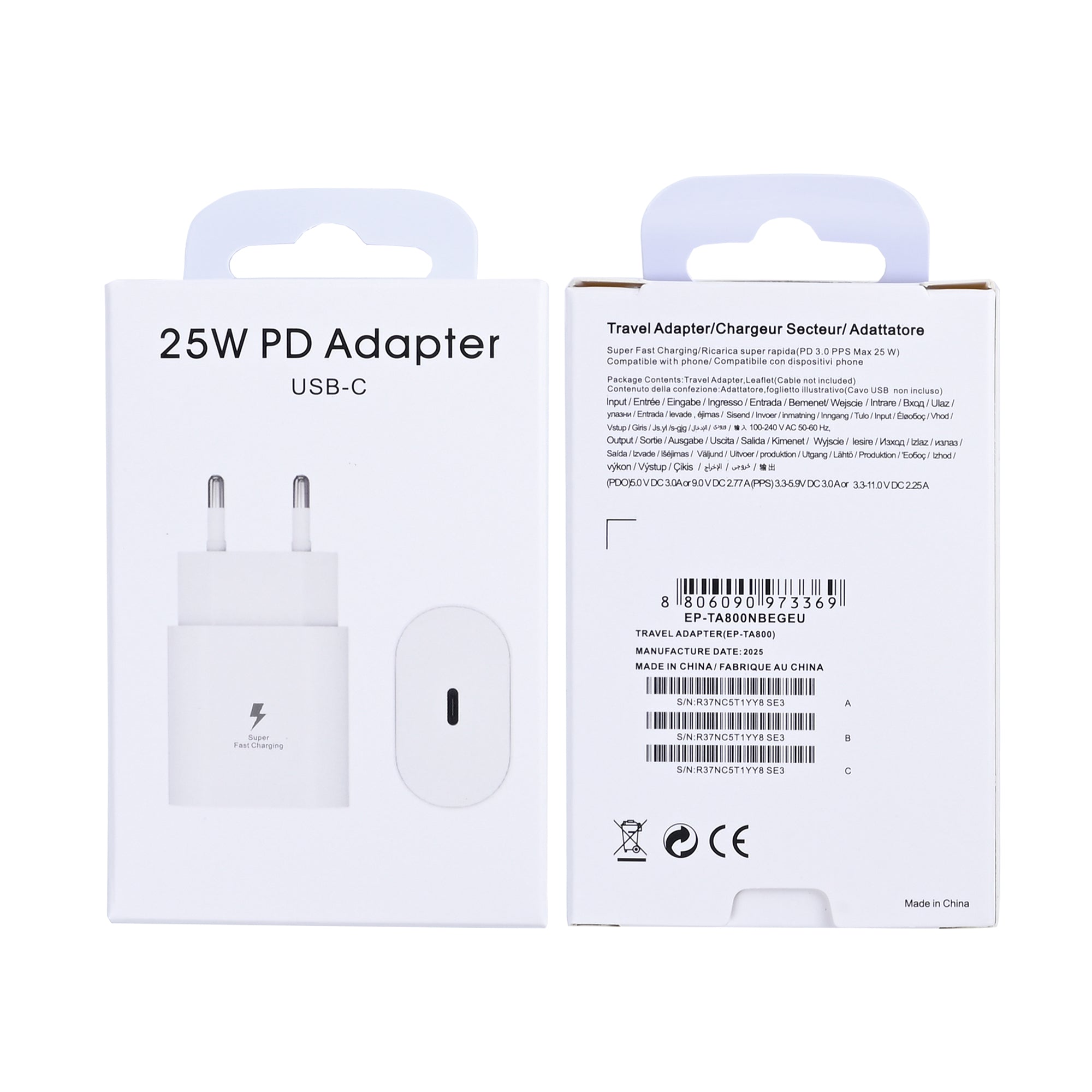 محول USB-C PD EP-TA800NW بقوة 25 واط، أبيض، علبة بيع بالتجزئة