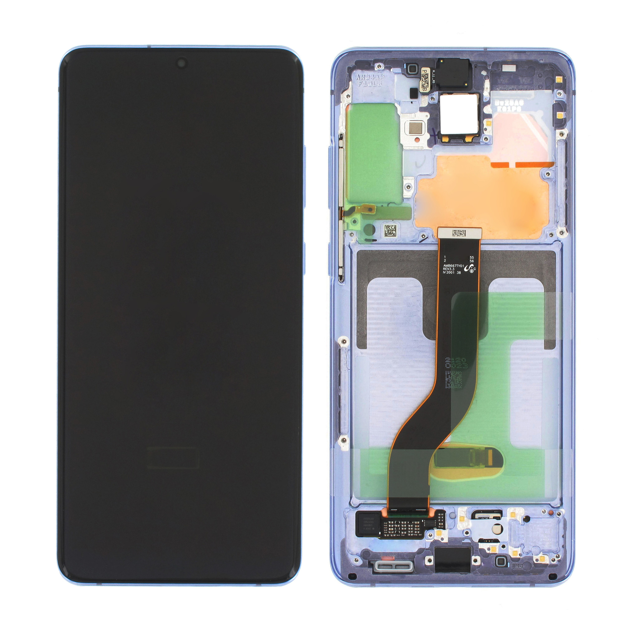 شاشة وهيكل محول رقمي (ديجتايزر) كامل لهاتف Samsung Galaxy S20 G980F و S20 5G G981F بدون كاميرا - أزرق غامق (Cloud Blue)