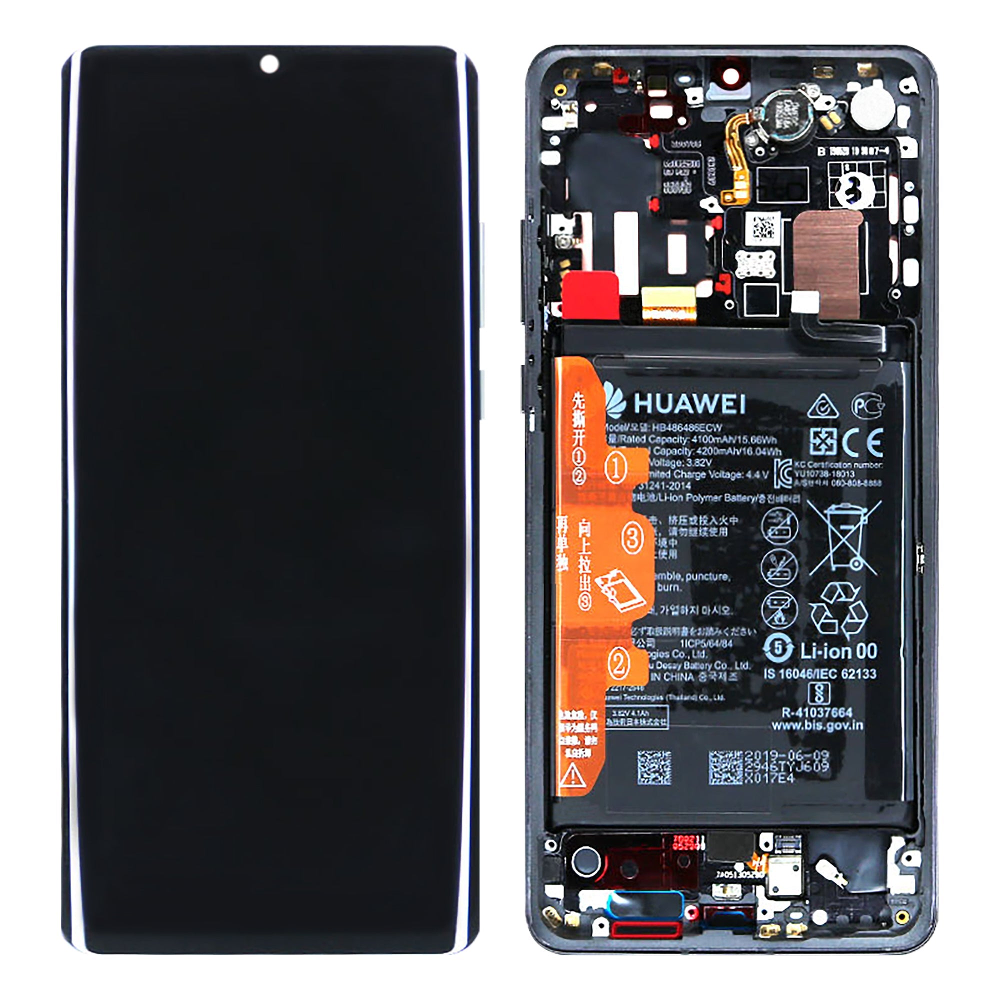 Huawei P30 Pro (2019). P30 Pro New Edition (2020) Display And Digitizer With Frame And Battery Black Service Pack