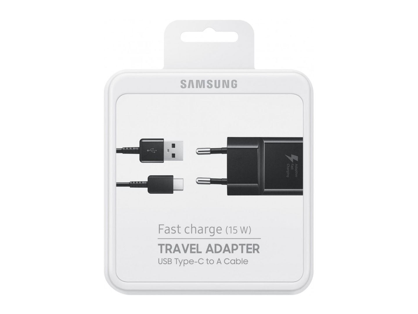 شاحن سامسونج سريع مع كابل USB-A إلى USB-C بطول 100 سم، 15 واط، أسود، علبة بيع بالتجزئة أصلية
