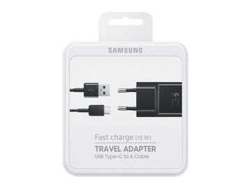 شاحن سامسونج سريع مع كابل USB-A إلى USB-C بطول 100 سم، 15 واط، أسود، علبة بيع بالتجزئة أصلية