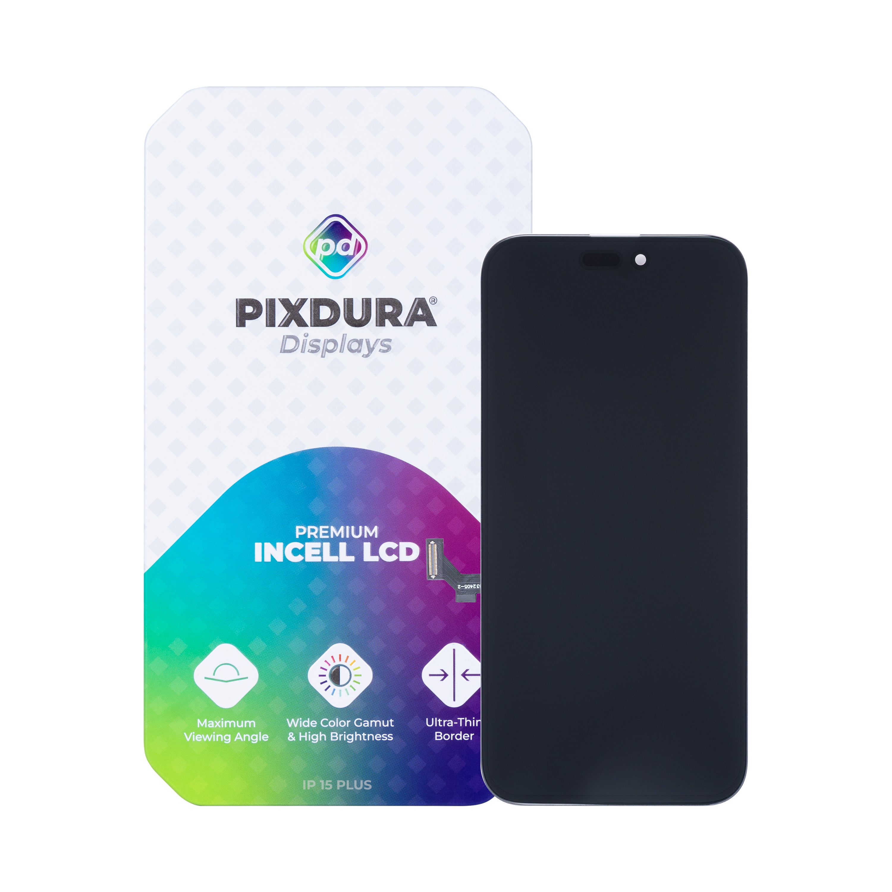 PIXDURA لشاشة آيفون 15 بلس وديجتايزر مدمج ممتاز (IC قابل للإزالة) (60 هرتز)