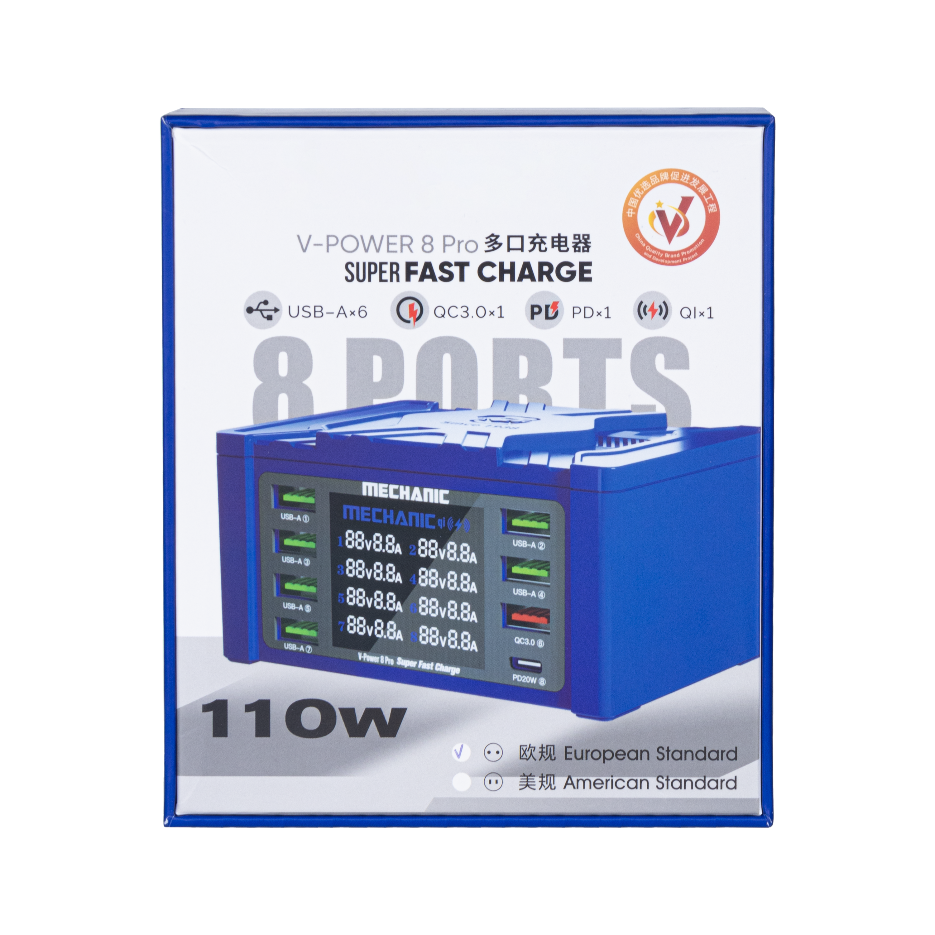 Carregador de tomada USB múltipla Mechanic 8 Portas 110W PD3.0 QC3.0 Carregamento Rápido Carregador de Telefone com Display LED