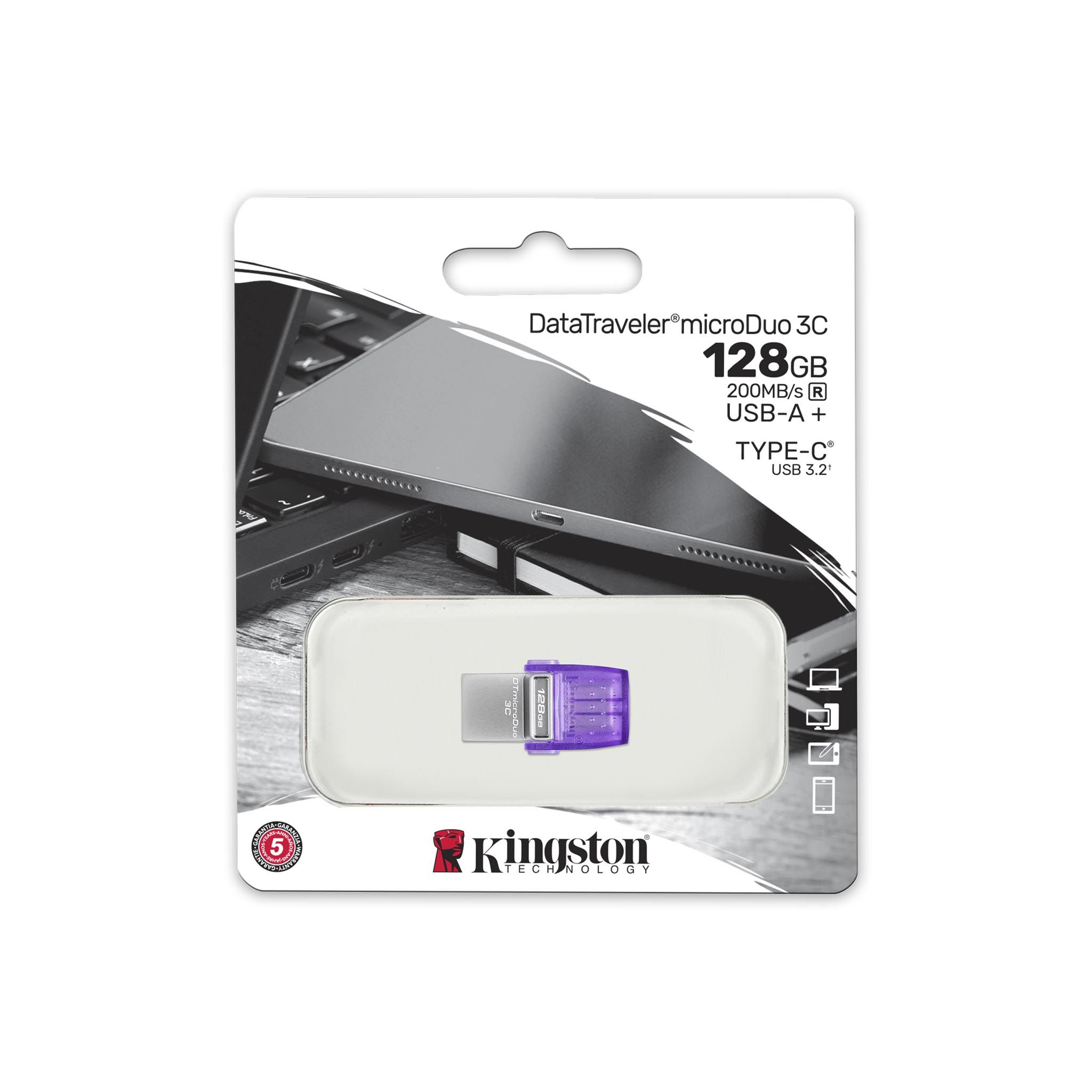 Kingston 128GB DataTraveler MicroDuo 3C 200MB/s ذاكرة فلاش بمنفذي USB-A و USB-C مزدوجة باللون الفضي