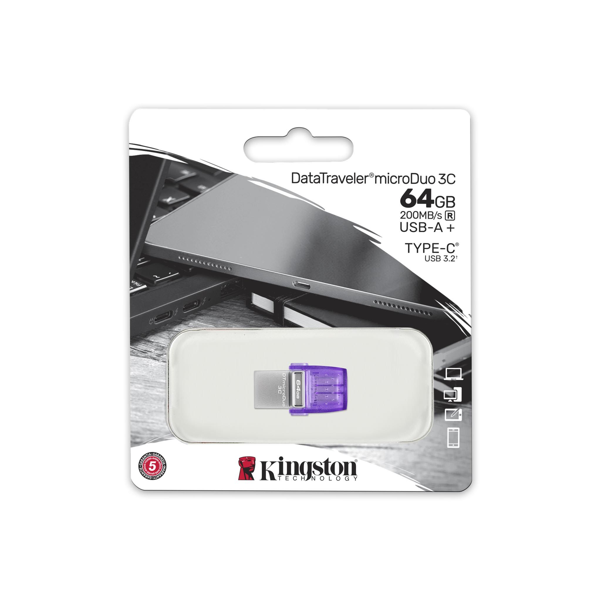 Kingston 64GB DataTraveler MicroDuo 3C 200MB/s ذاكرة فلاش بمنفذي USB-A و USB-C فضي