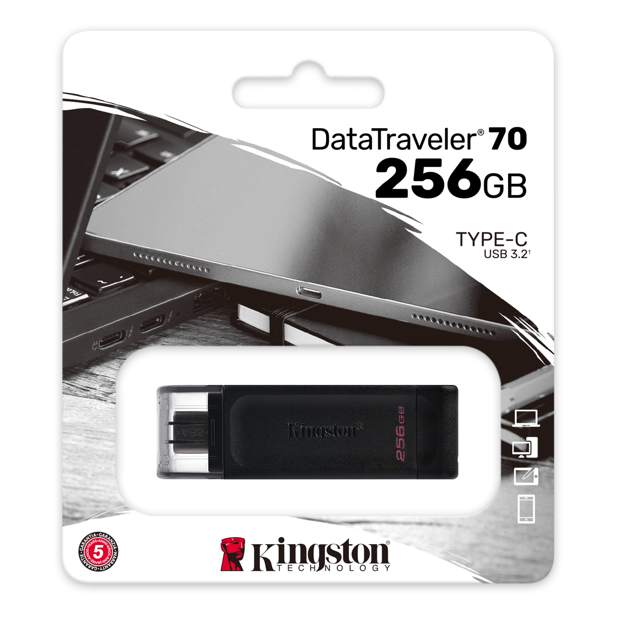 كينغستون 256 جيجابايت DataTraveler 70 USB-C 3.2 Gen 1 ذاكرة فلاش سوداء