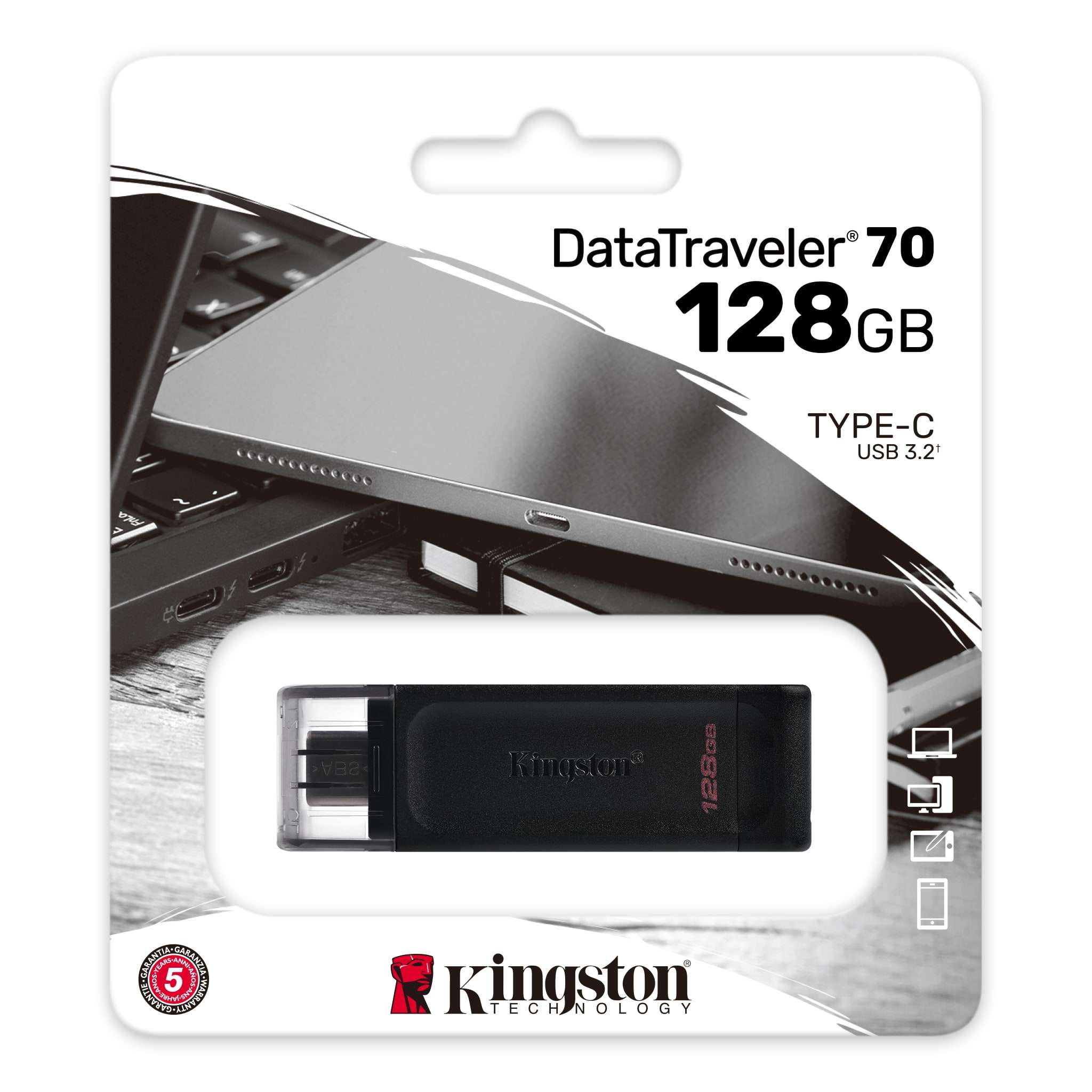 كينجستون DataTraveler 70 USB-C 3.2 Gen 1 فلاش درايف أسود سعة 128 جيجابايت