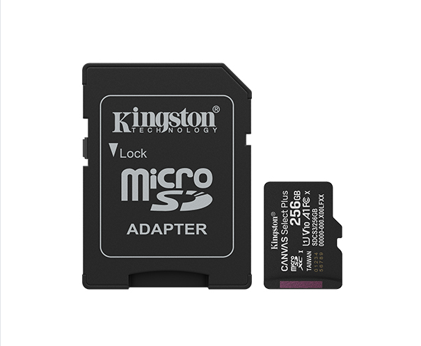 Cartão de Memória MicroSD Canvas Select Plus de 256 GB da Kingston, 100R A1 C10, com Adaptador, Preto