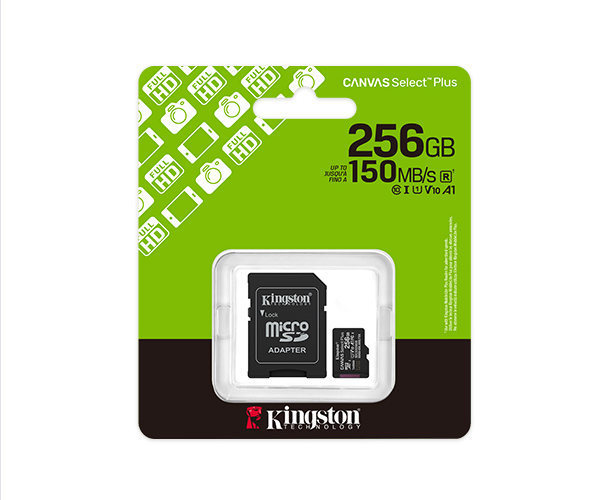Cartão de Memória MicroSD Canvas Select Plus de 256 GB da Kingston, 100R A1 C10, com Adaptador, Preto