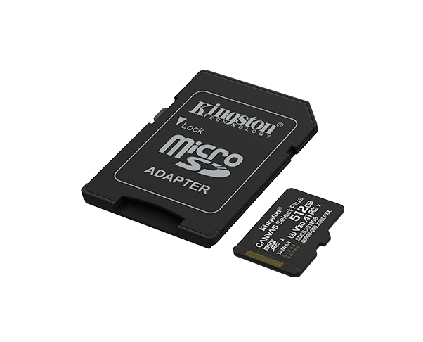 بطاقة ذاكرة Kingston Canvas Select Plus MicroSD بسعة 512 جيجابايت 100R A1 C10 مع محول أسود