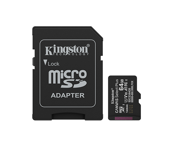Placa de Memória MicroSD Canvas Select Plus da Kingston de 64 GB 100R A1 C10 com Adaptador Preto