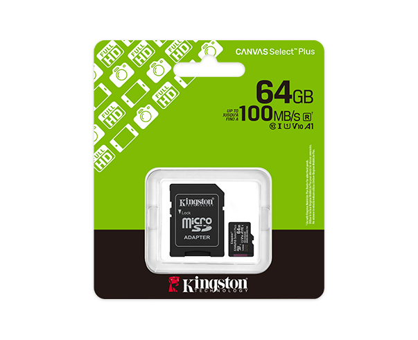 Placa de Memória MicroSD Canvas Select Plus da Kingston de 64 GB 100R A1 C10 com Adaptador Preto