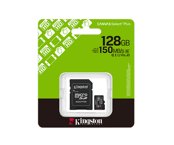 Cartão de Memória MicroSD Kingston 128GB Canvas Select Plus 100R A1 C10 com Adaptador Preto