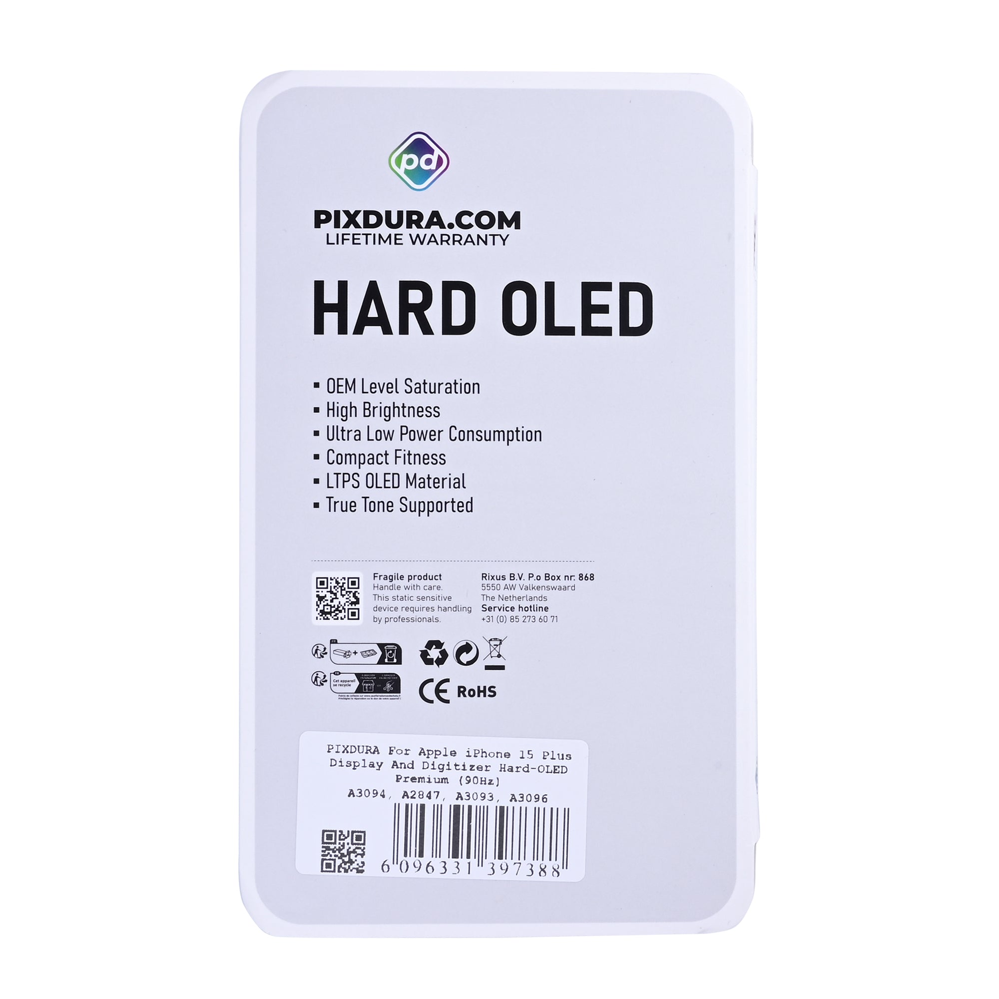 PIXDURA Para Apple iPhone 15 Plus Ecrã e Digitalizador Hard-OLED Premium (90Hz)