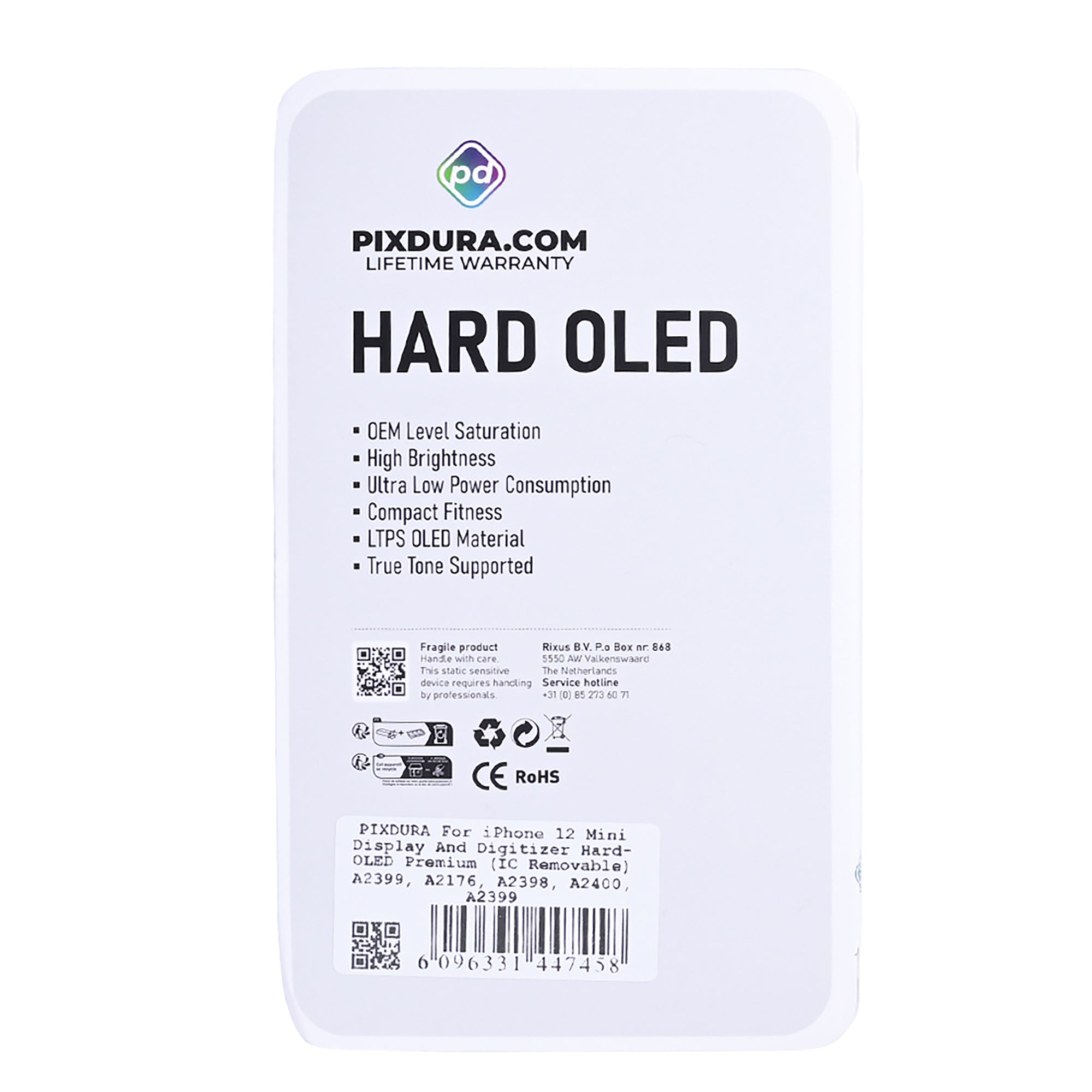 PIXDURA شاشة لمس رقمية للهاتف آيفون 12 ميني نوع Hard-OLED فاخرة (IC قابلة للإزالة) (60 هرتز)
