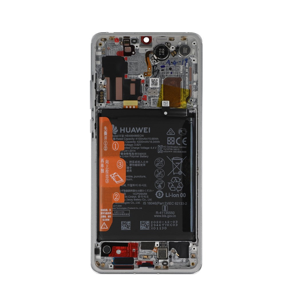 Huawei P30 Pro (2019). P30 Pro New Edition (2020) Display And Digitizer With Frame And Battery Silver Frost Service Pack