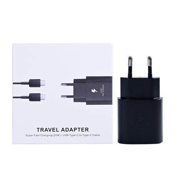 شاحن سفر سريع مع كابل USB-C بطول 100 سم وقوة 25 واط، لون أسود (عبوة بيع بالتجزئة)