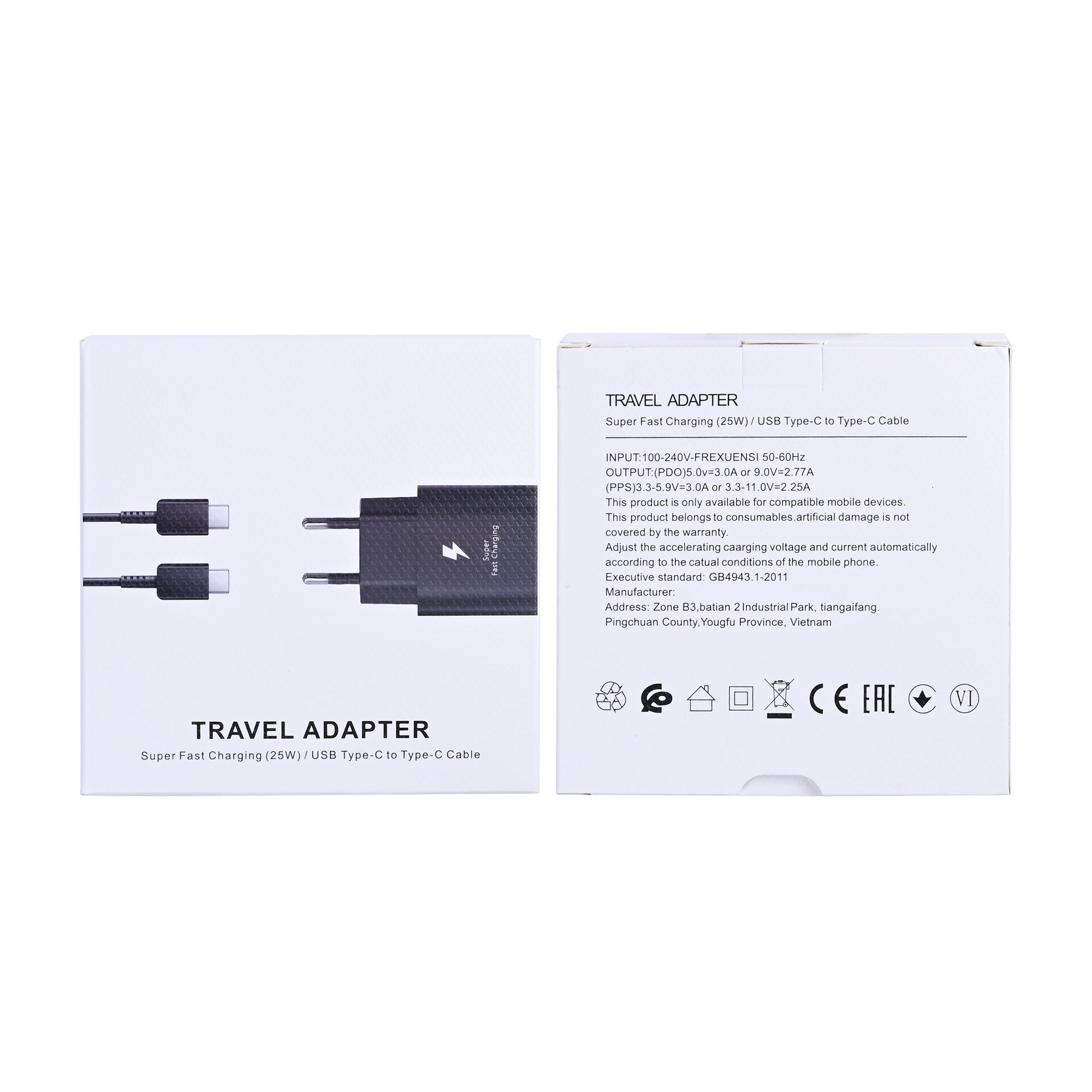 شاحن سفر سريع مع كابل USB-C بطول 100 سم وقوة 25 واط، لون أسود (عبوة بيع بالتجزئة)